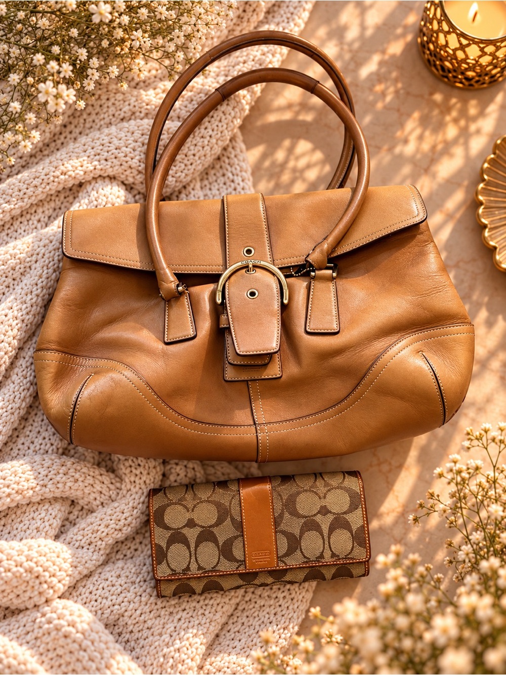 Coach Tan Leather Shoulder Satchel with Signature Canvas Wallet